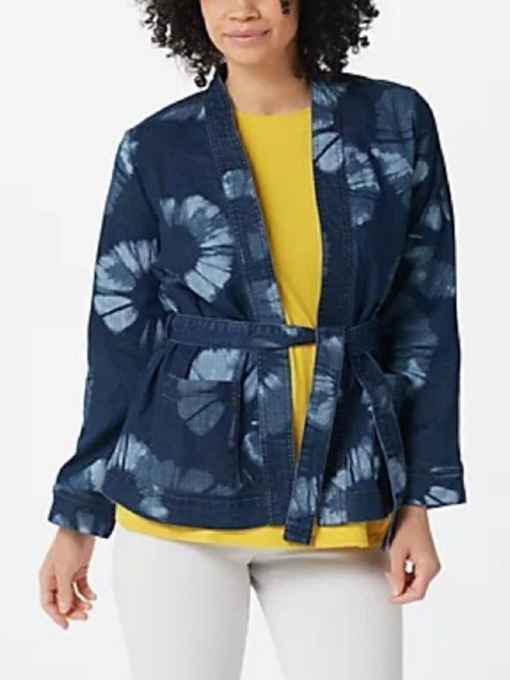 LOGO Lavish by Lori Goldstein Shibori Print Denim Wrap Jacket